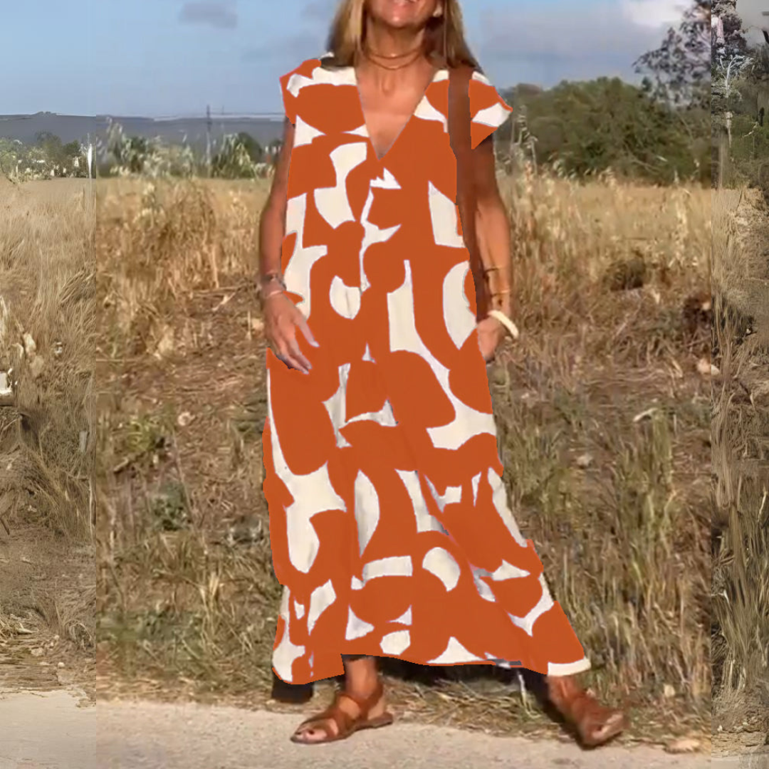 BEDRUCKTES KLEID MIT V-AUSSCHNITT