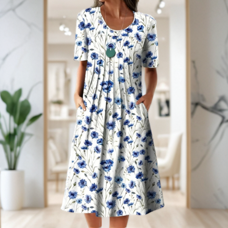 Weites Kleid mit Rundhalsausschnitt, Dreiviertelärmeln und Printmuster