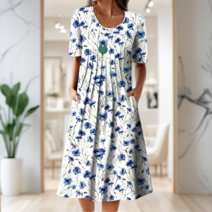 Weites Kleid mit Rundhalsausschnitt, Dreiviertelärmeln und Printmuster