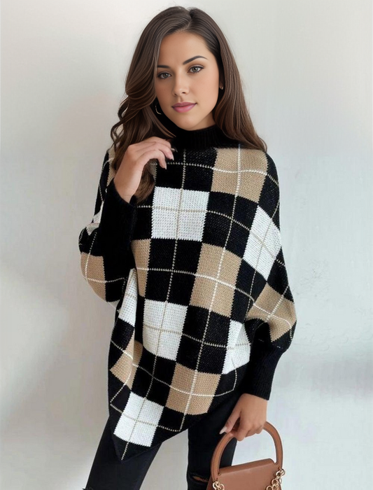 Catherine | Eleganter Damenpullover mit geometrischem Muster und Stehkragen