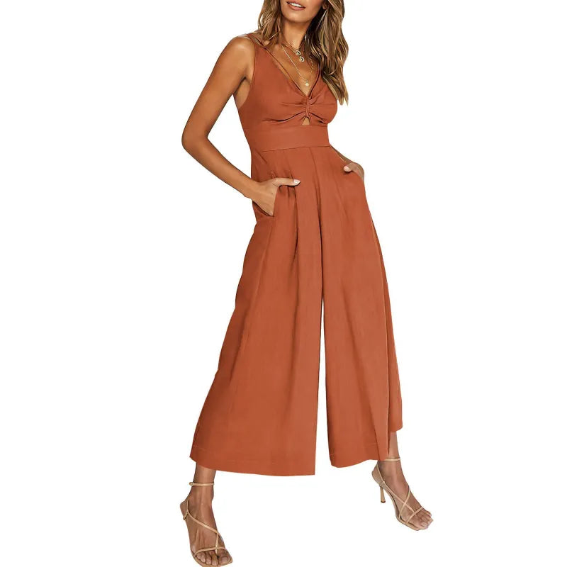 2024 neuer Jumpsuit mit V-Ausschnitt und weitem Bein