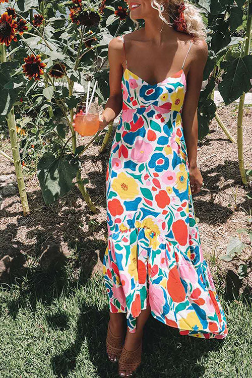 : Kleid mit schmalen Trägern, Blumenprint und V-Ausschnitt