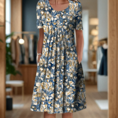 Weites Kleid mit Rundhalsausschnitt, Dreiviertelärmeln und Printmuster