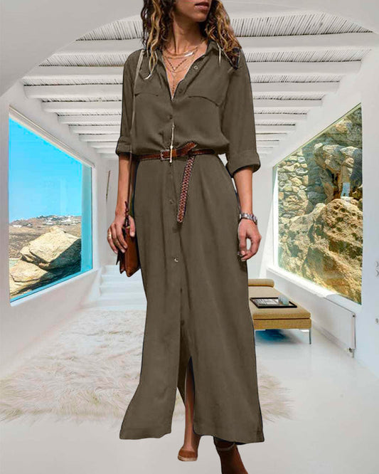 Stylisches Kleid mit langen Ärmeln, Knöpfen und Gürtel