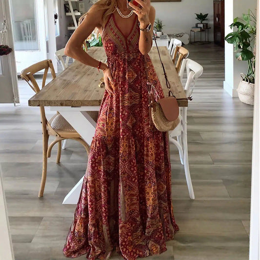 Blanca - Rotes Maxikleid im Bohème-Chic mit dünnen Trägern und Print