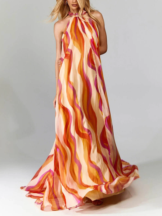 Elegantes langes Sommerkleid mit halbrundem Ausschnitt und Volant-Print