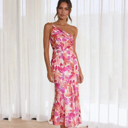 Asymmetrisches langes Kleid mit Blumendruck für besondere Anlässe