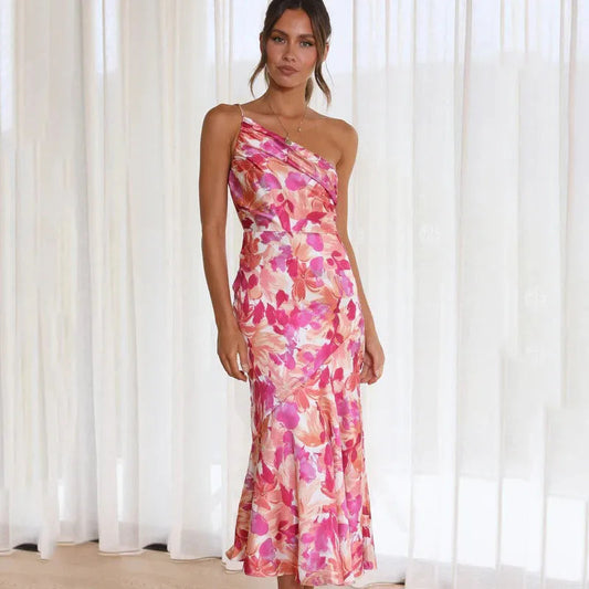 Asymmetrisches langes Kleid mit Blumendruck für besondere Anlässe
