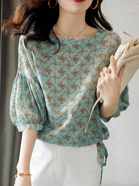Dalia Top | Florales Chiffon-Top mit Puffärmeln