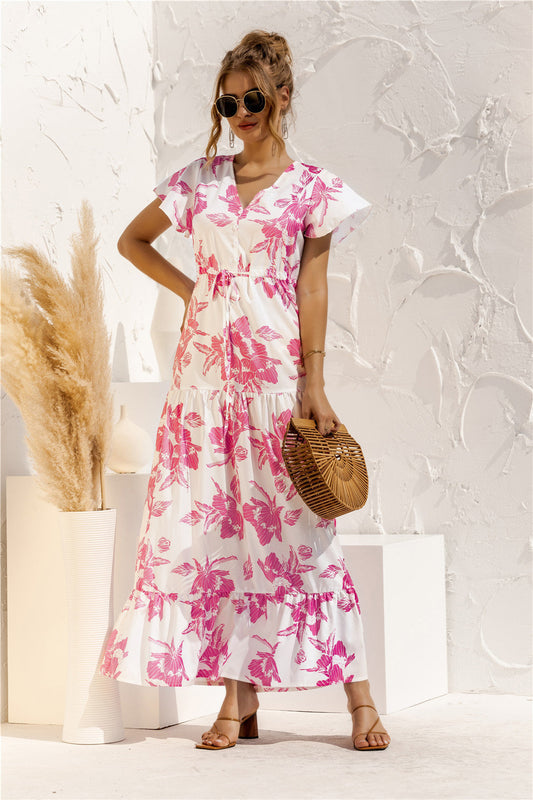 Langes Kleid mit Blumenprint, Knöpfen und Spitze, V-Ausschnitt und kurzen Ärmeln, Frühjahr/Sommer