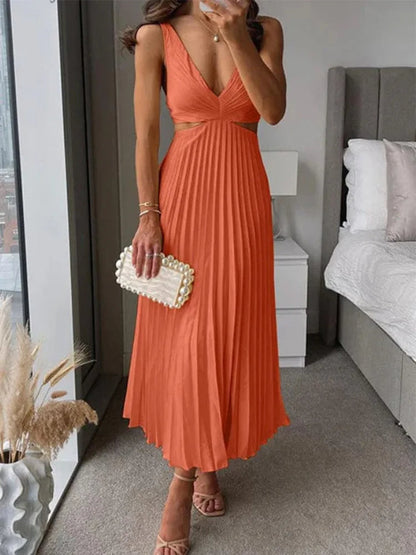 Elegantes ärmelloses Kleid mit offenem Rücken und charmantem, raffiniertem Design für Anlässe bei warmem Wetter