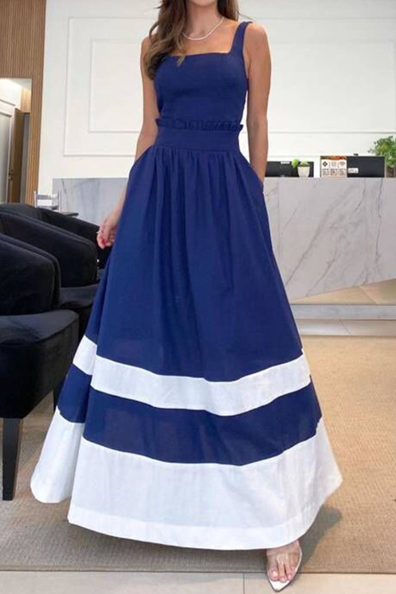 Gestreiftes Patchwork-Freizeitkleid mit Trägern und quadratischem Ausschnitt