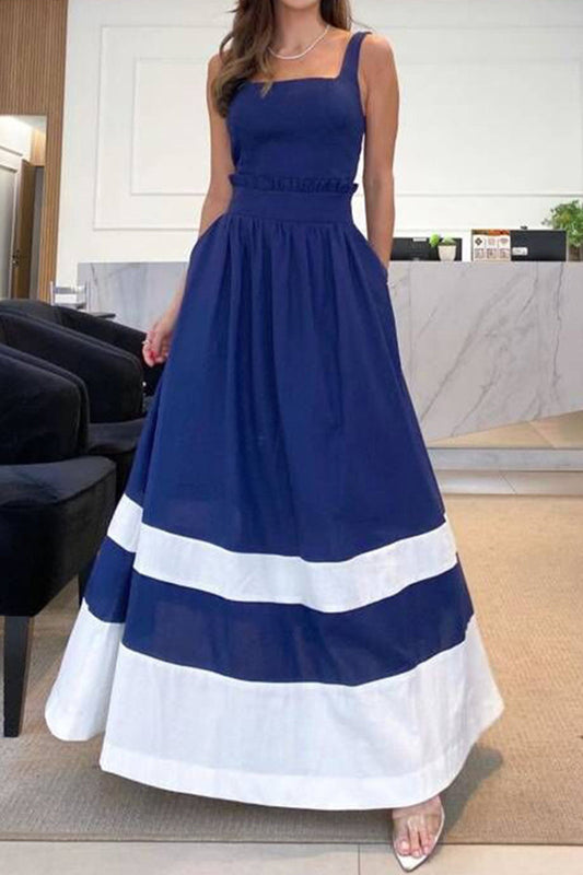 Gestreiftes Patchwork-Freizeitkleid mit Trägern und quadratischem Ausschnitt