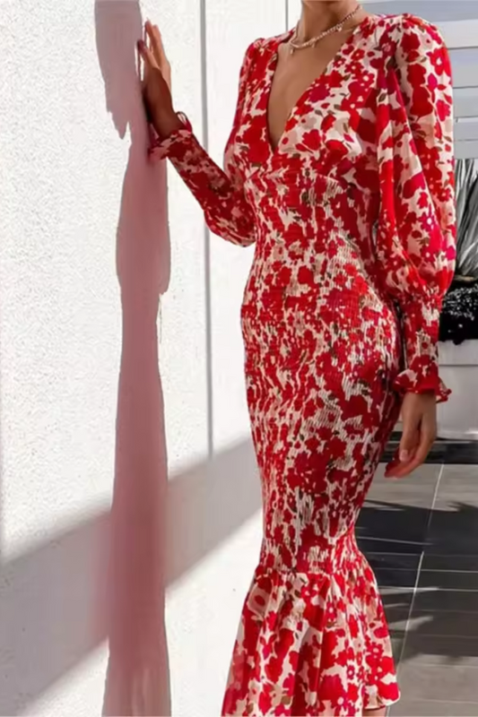 Serena | Bedrucktes Fischschwanzkleid mit V-Ausschnitt für Damen