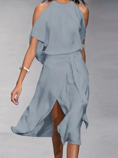 Asymmetrisches Midikleid mit freien Schultern und elegantem Fall
