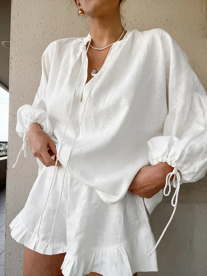Casual Laternenärmel Top Kurze Hose Baumwolle und Leinen Zweiteiliges Set