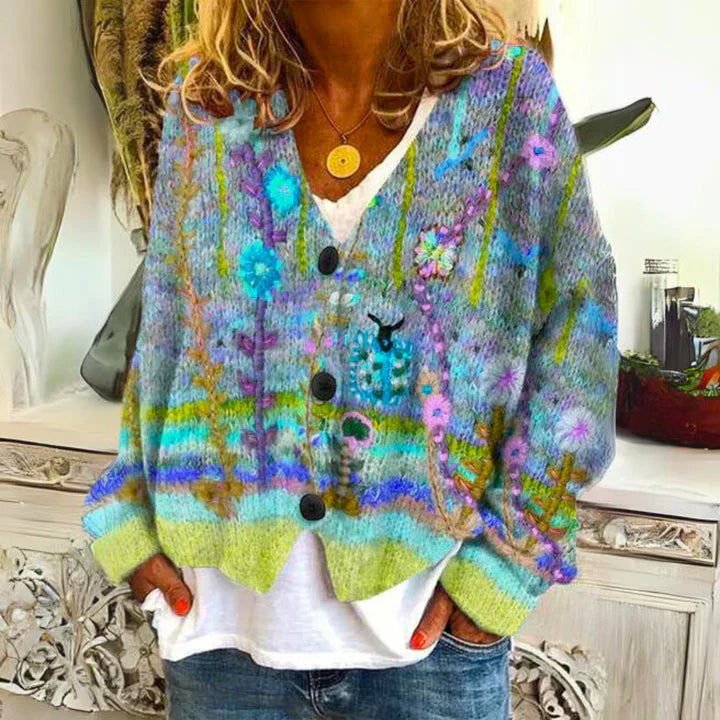 Damen Strickjacke mit Blumenknöpfen
