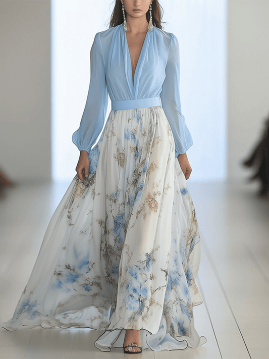 Langes Damenkleid mit elegantem und modernem Blumenmuster
