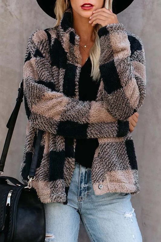 Plüschjacke mit Schalkragen und elegantem Karomuster