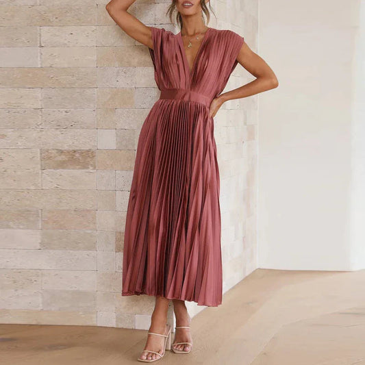 Plissiertes Midikleid mit V-Ausschnitt und eleganten kurzen Ärmeln