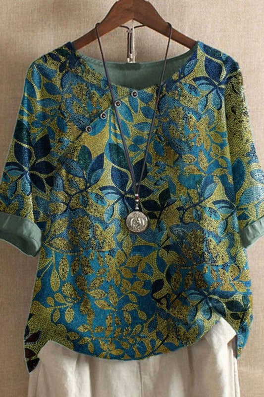 Emma - Bluse mit halblangen Ärmeln und Rundhalsausschnitt mit Blattmuster