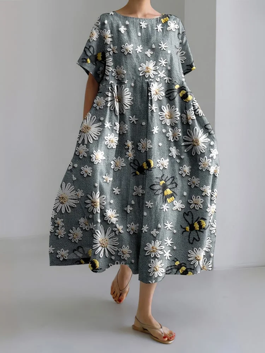 lässiges Damenkleid mit Bienenprint und Blumen-Spitze