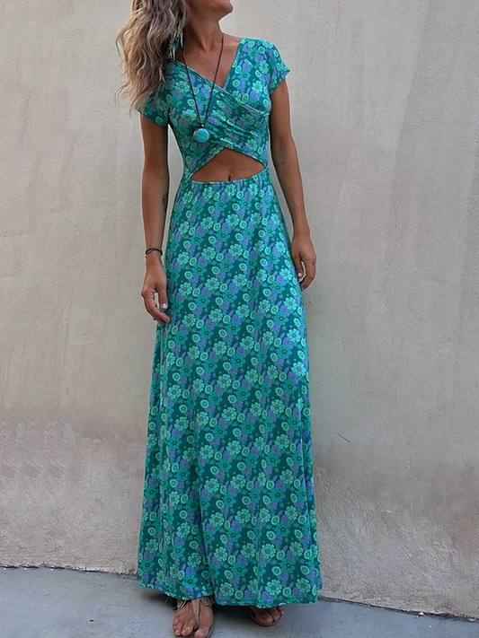 Khaleesi - Stretch-Maxikleid mit kurzen Ärmeln, hohlem Blumendruck und wendbar, U-Ausschnitt