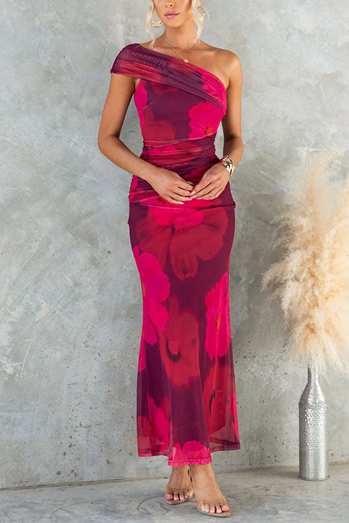 Asymmetrisches langes Kleid mit elegantem Blumendruck