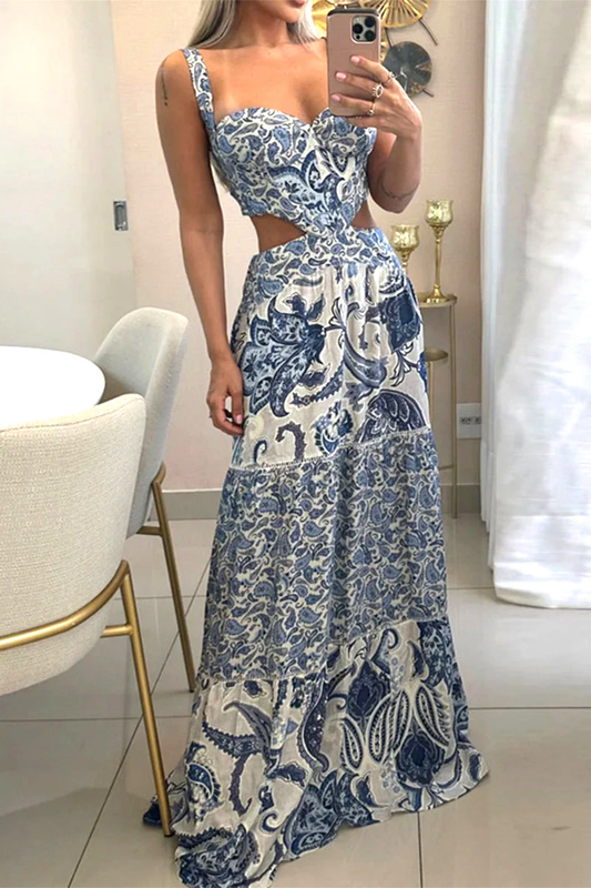 Bohemian-Kleid ohne Rücken mit Print, Taschen und V-Ausschnitt Kleid mit Print.