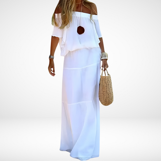 Elegantes weißes Maxikleid mit schulterfreiem Ausschnitt für den Strand
