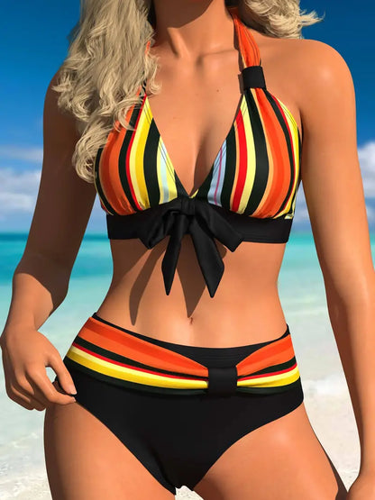Neckholder-Bikini mit buntem Streifendruck und Schnürung