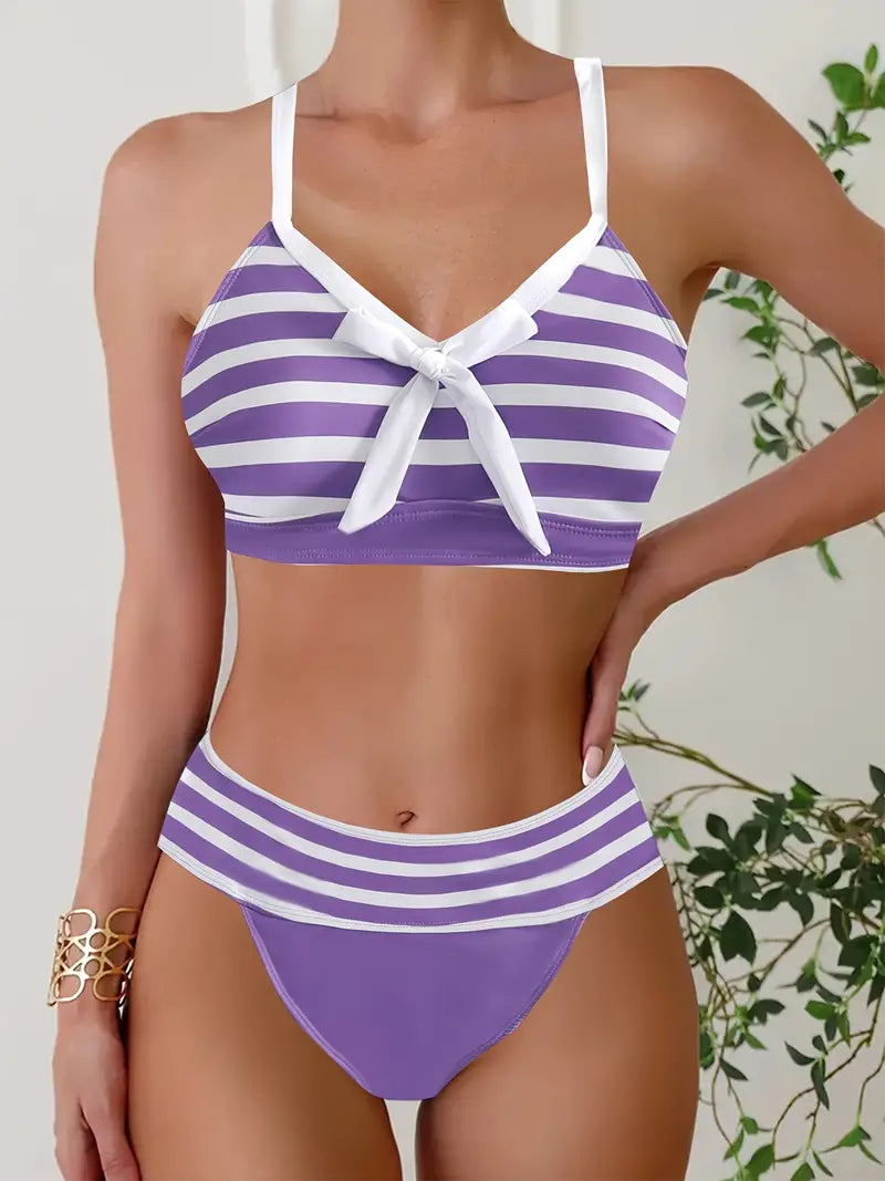 Sexy gestreifter Print-Schleifen-Bikini mit V-Ausschnitt