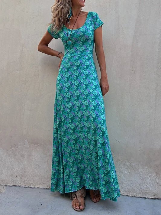 Azariah - Kurzärmelig, elastisch, floral, hohl, wendbar, mit U-Ausschnitt Maxikleid