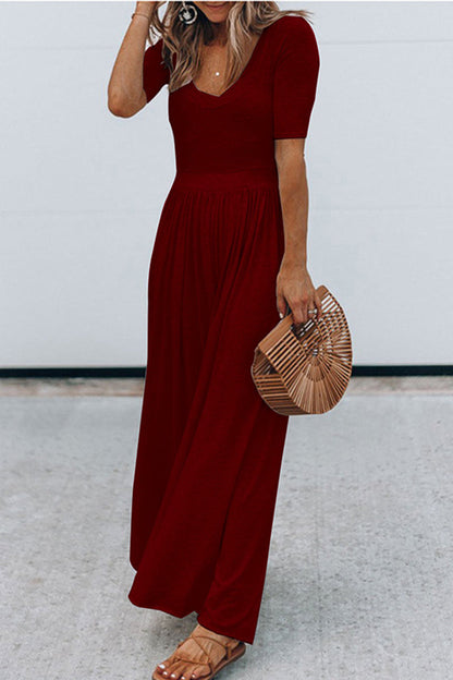 Rundhalsausschnitt Jumpsuit mit kurzen Ärmeln und langer Taille