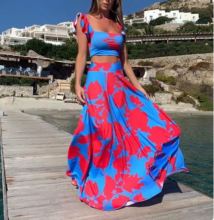 2-teiliges Sommer-Set - Elegant - Crop-Top und ausgestellter Rock - Perfekt für festliche Anlässe