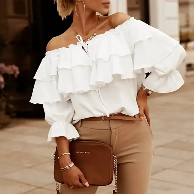 HONEY | Schulterfreie Chiffonbluse für Damen mit Rüschen