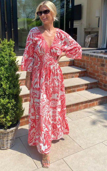 Langes Kleid mit V-Ausschnitt und Blumenprint in Blau und Weiß