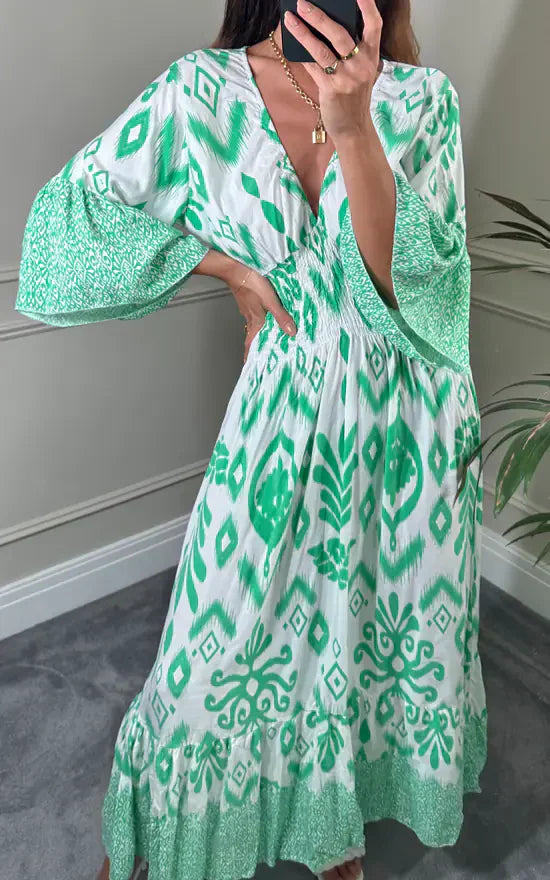 Langes Kleid mit V-Ausschnitt und Blumenprint in Blau und Weiß