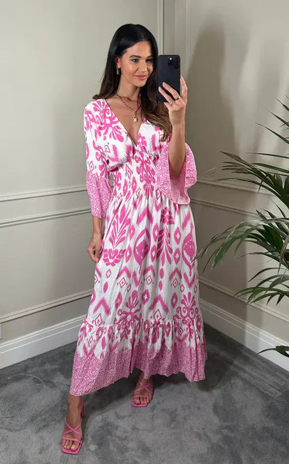 Langes Kleid mit V-Ausschnitt und Blumenprint in Blau und Weiß