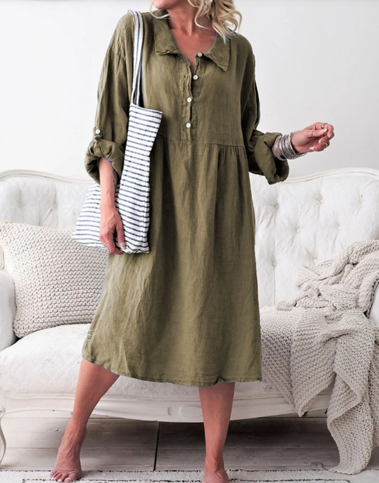 Kennedi - Basic Button-Down Kleid mit Hemdkragen und langen Ärmeln
