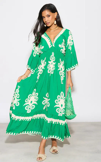 Langes Kleid mit V-Ausschnitt und Blumenprint in Blau und Weiß