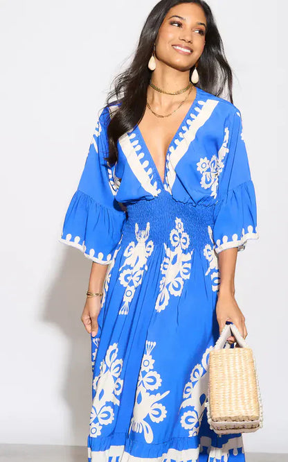 Langes Kleid mit V-Ausschnitt und Blumenprint in Blau und Weiß