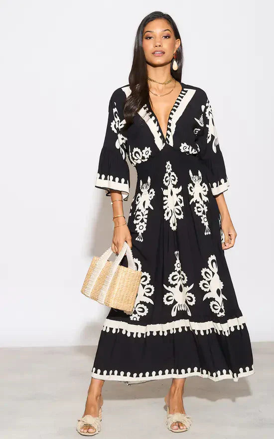 Langes Kleid mit V-Ausschnitt und Blumenprint in Blau und Weiß