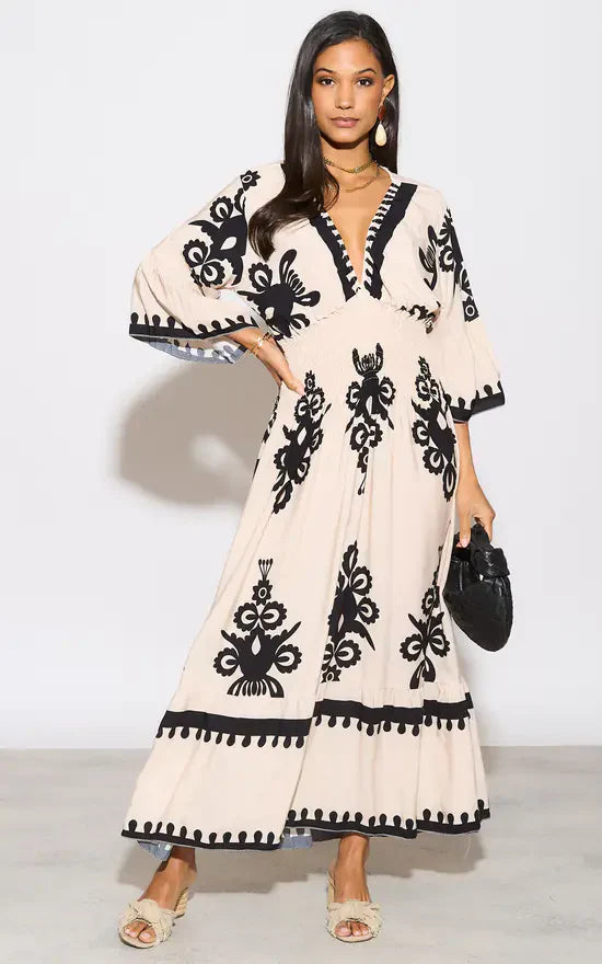 Langes Kleid mit V-Ausschnitt und Blumenprint in Blau und Weiß