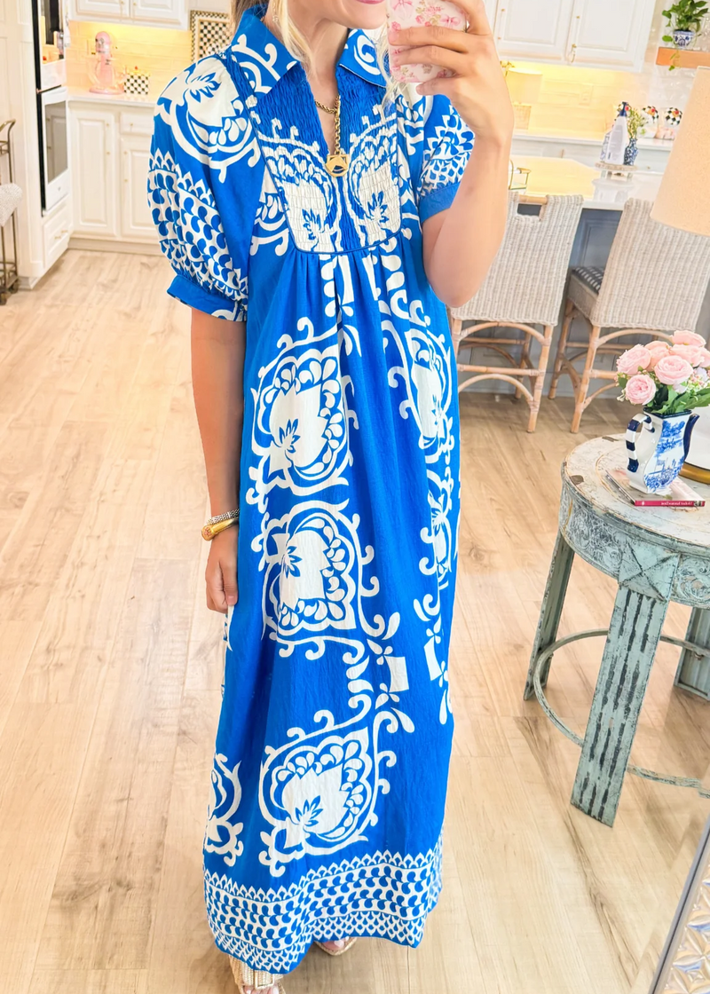 Midi-Kleid im Boho-Stil mit Puffärmeln und Mix-and-Match-Print