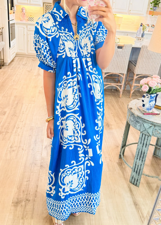 Midi-Kleid im Boho-Stil mit Puffärmeln und Mix-and-Match-Print