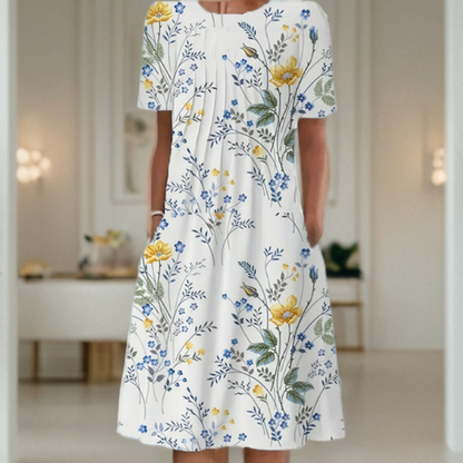 Weites Kleid mit Rundhalsausschnitt, Dreiviertelärmeln und Printmuster