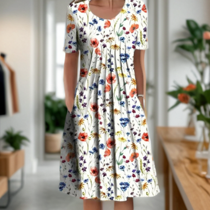 Weites Kleid mit Rundhalsausschnitt, Dreiviertelärmeln und Printmuster