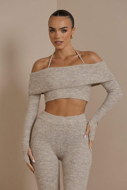 Co-ord Set - Stilvoll - Gestricktes, schulterfreies Oberteil, taillierte Hose - Ideal für modische Anlässe