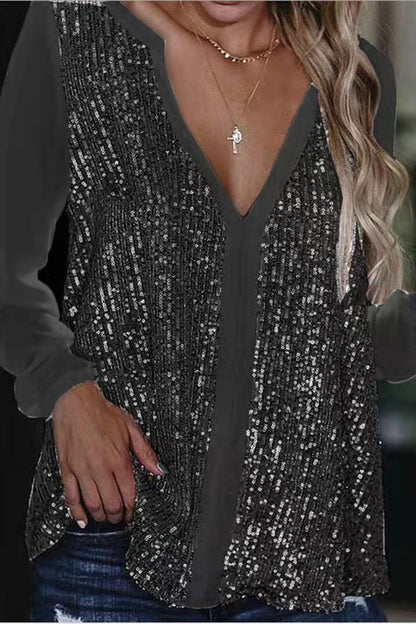 Wiesbeth Bluse | Langärmelige Paillettenbluse mit V-Ausschnitt